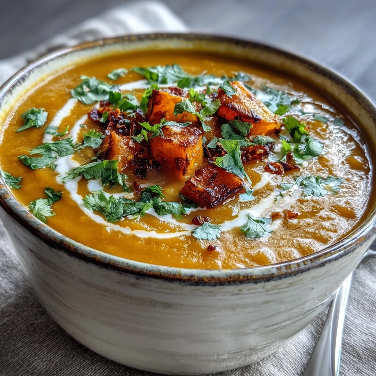 Vegan Butternut Squash and Lentil Soup served with warm naan bread for dipping alongside a golden spoon.