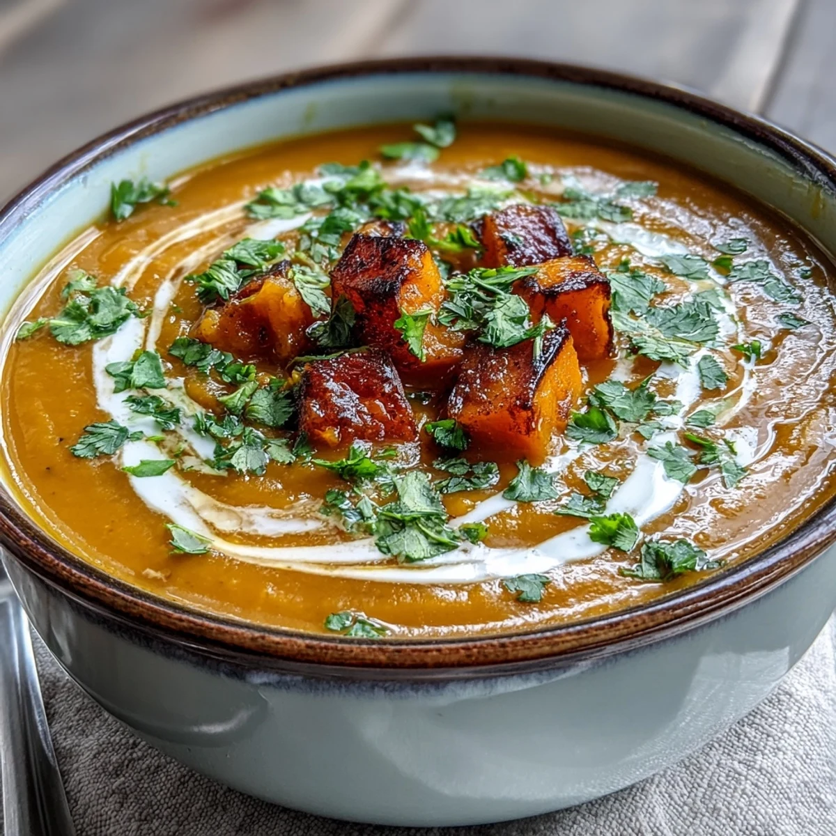 Golden roasted butternut squash and red lentils simmered into a velvety soup with warming spices in a pot.