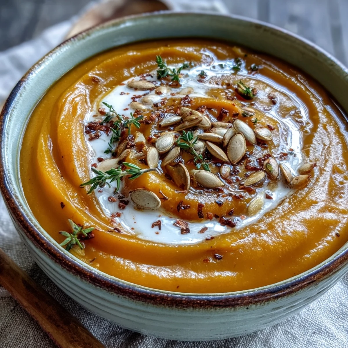 Steaming Butternut Squash and Apple Soup with a swirl of cream and pumpkin seeds.