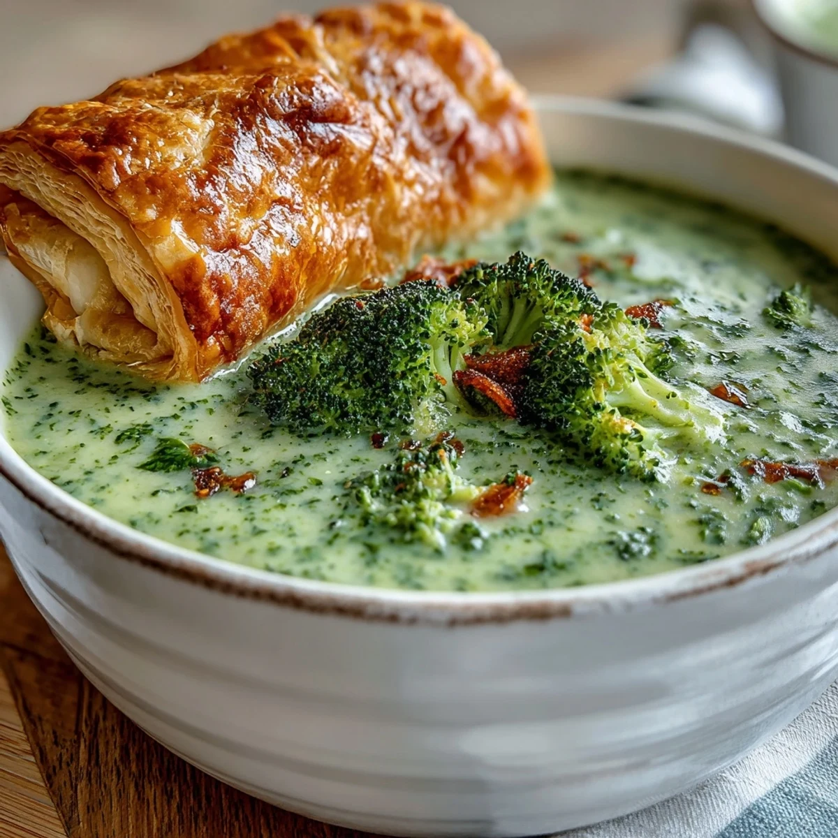 Creamy broccoli and butternut squash soup is topped with a flaky cheese pastry, garnished with thyme and pepper for serving.
