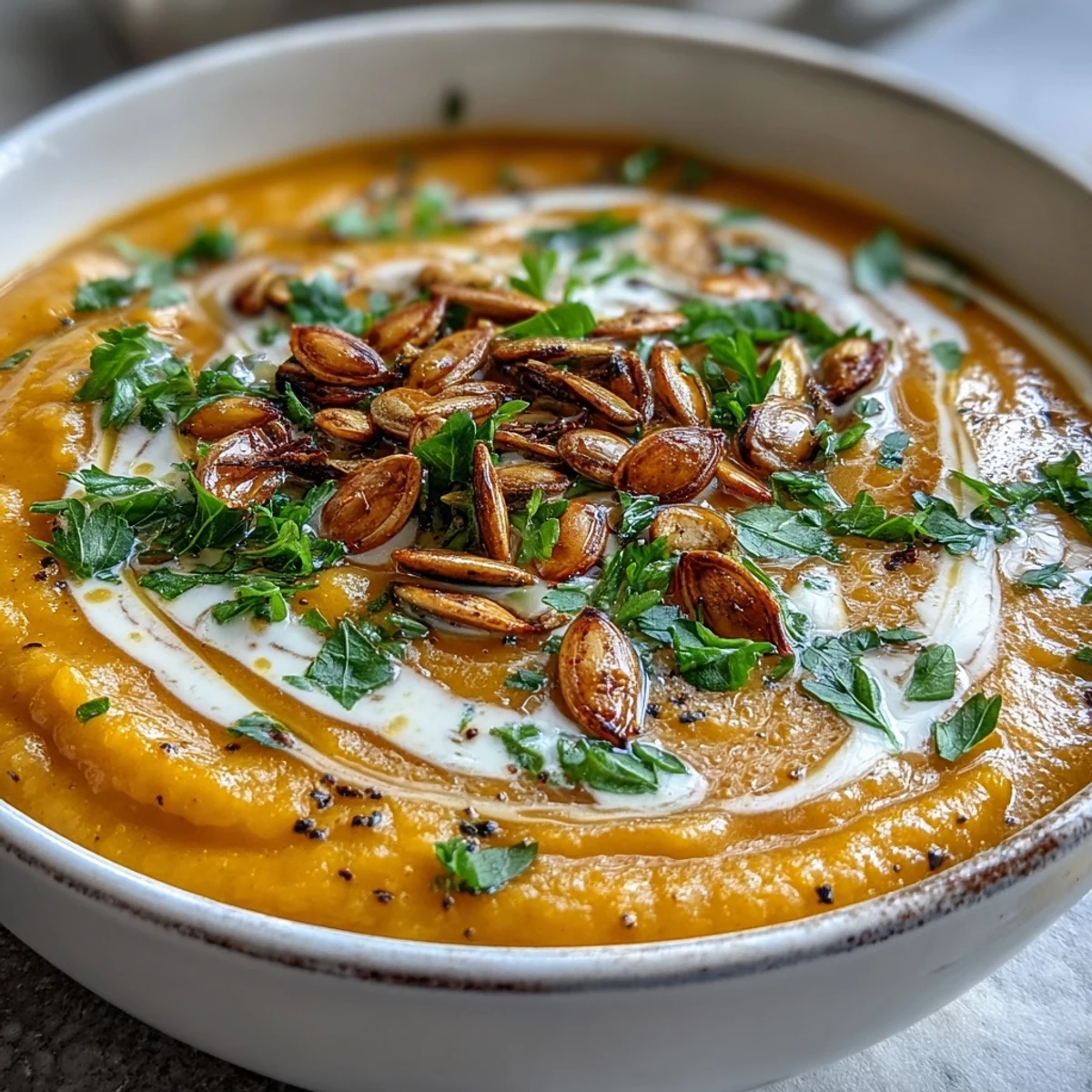Close-up of creamy Roasted Broccoli and Butternut Squash Soup in a white bowl with a golden hue, garnished with toasted pumpkin seeds and fresh parsley.