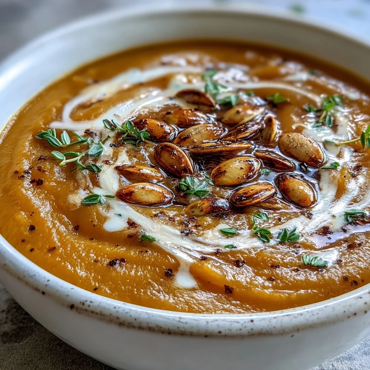 A warm bowl of Easy Roasted Butternut Squash Soup garnished with pumpkin seeds and thyme.