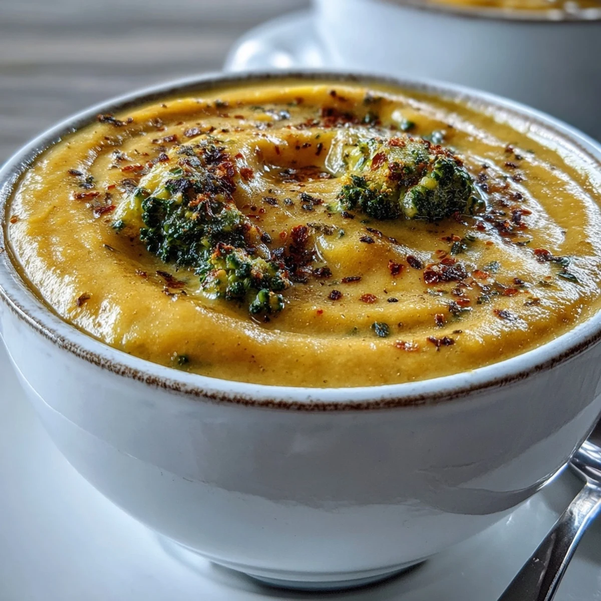 A bowl of velvety butternut squash broccoli cheddar soup pairs with crusty bread and a green salad.