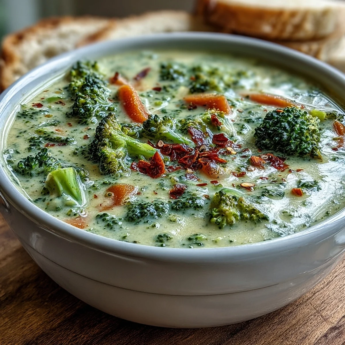 Hearty broccoli cheddar soup topped with extra cheddar and a side of crusty bread for dipping.