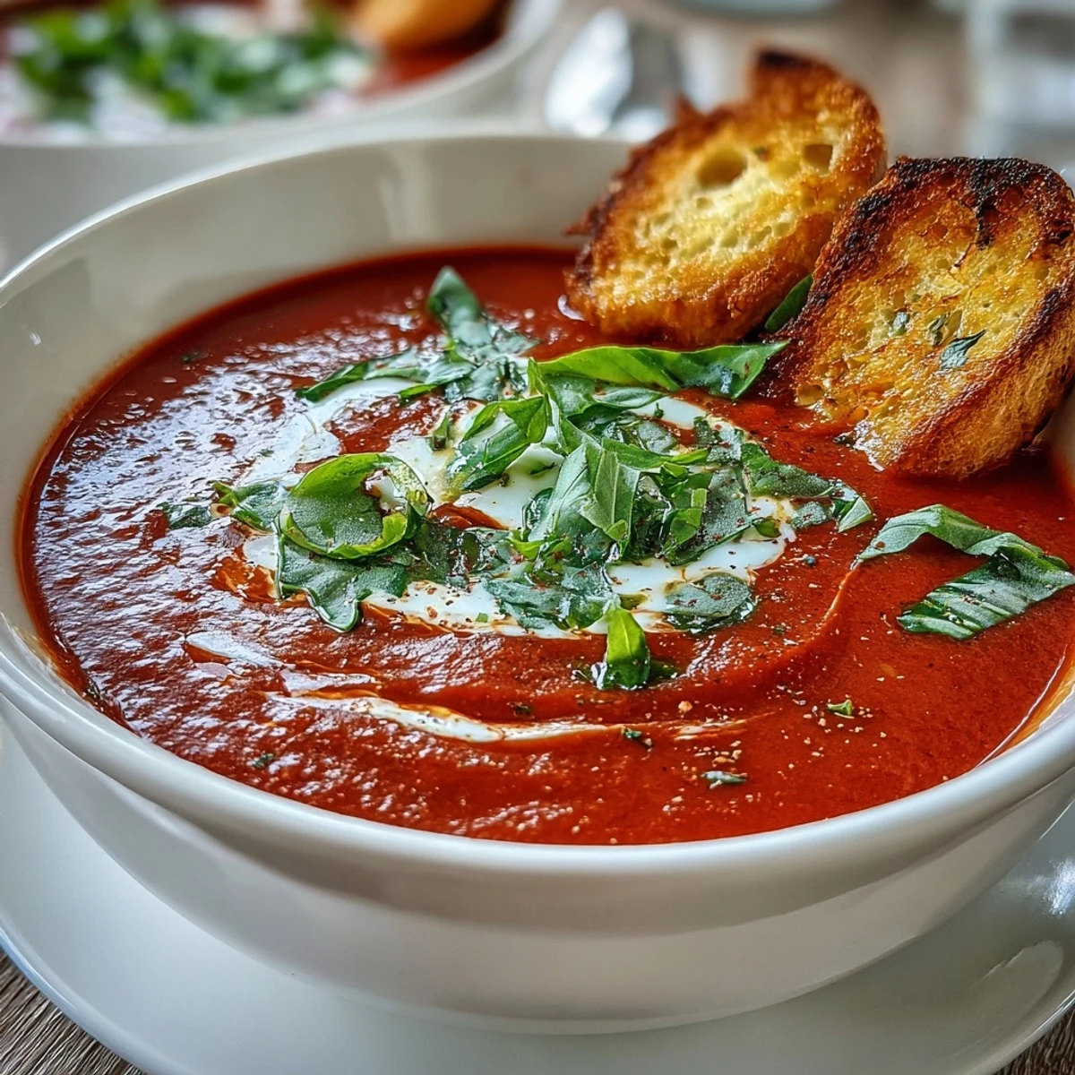 Roasted Tomato Basil Soup in a rustic bowl garnished with fresh basil and a swirl of cream.