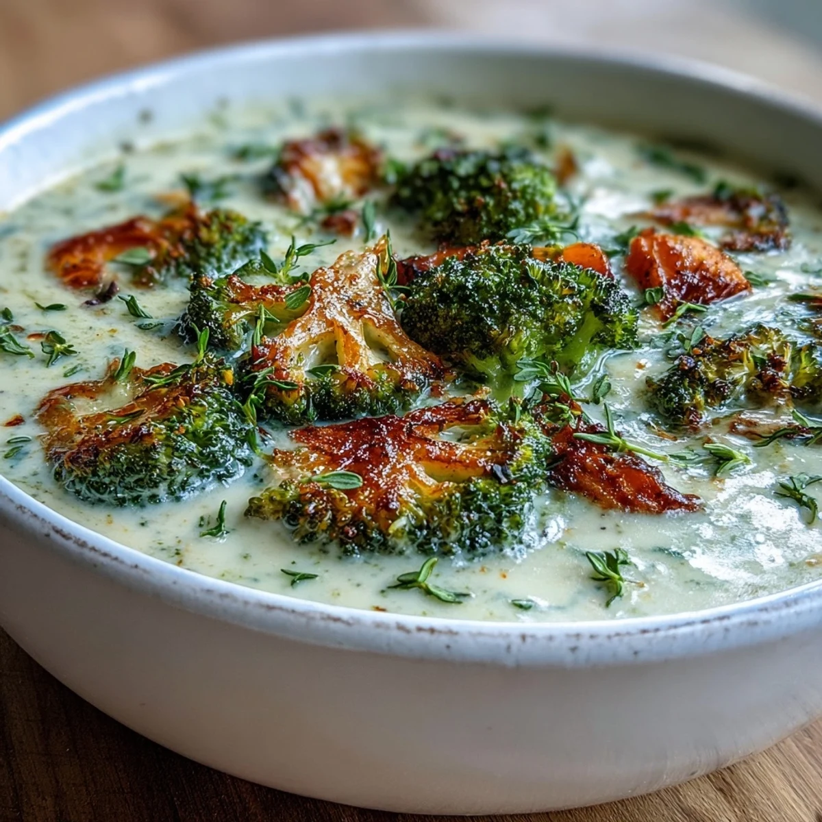Creamy Roasted Broccoli Cheddar Soup garnished with thyme, paired with crusty bread on a wooden table.