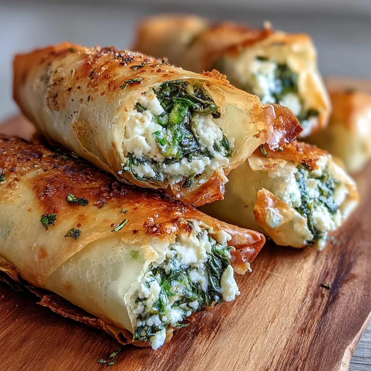 Golden-brown, crispy Spanakopita Spring Rolls with a vibrant spinach and feta filling, served beside a creamy yogurt dip.