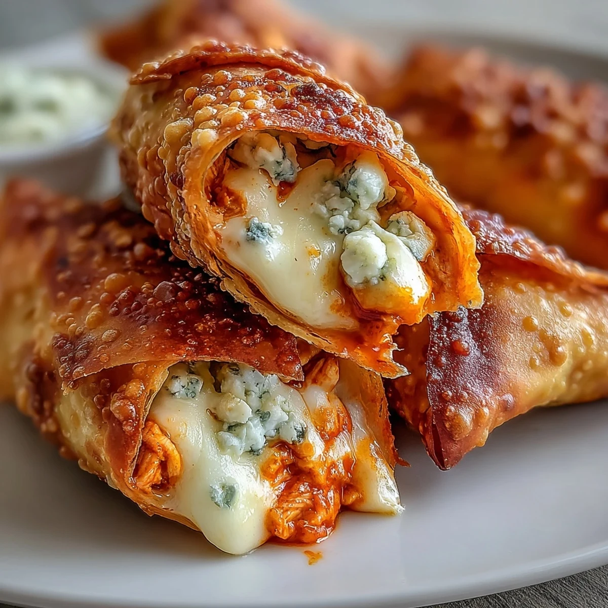 Crispy fried Buffalo Chicken Egg Rolls served on a slate board, garnished with fresh green onions and celery sticks.