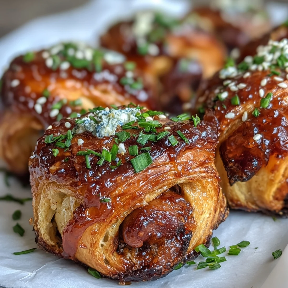 Golden-brown Pepper Jelly Hogs in a Blanket are arranged on a parchment-lined tray, brushed with a glossy red glaze and sprinkled with fresh chives. 