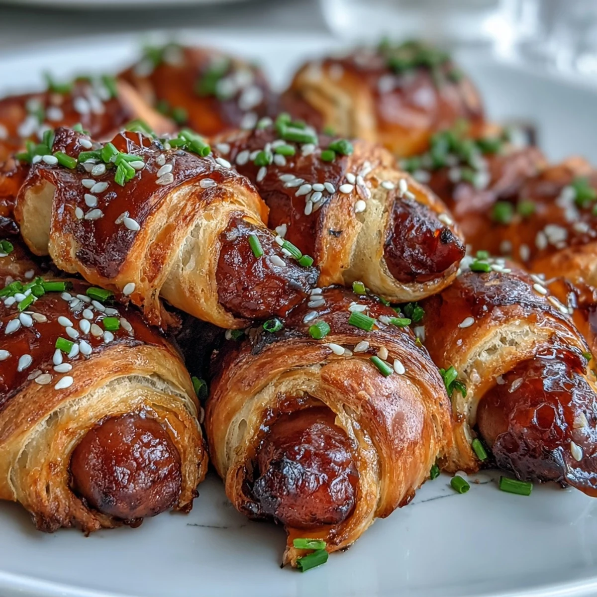 Flaky, buttery pastry is tightly wrapped around mini sausages, oozing sweet and spicy pepper jelly for a perfect party appetizer. 