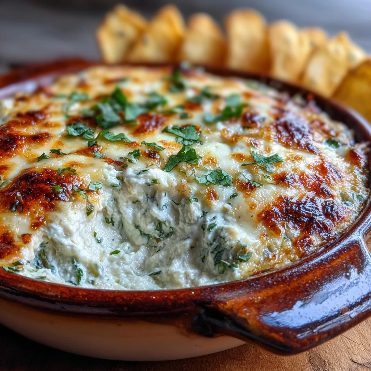 Freshly baked Cilantro and Lime Chicken dip in a white dish, garnished with cilantro and lime wedges, ready to scoop with tortilla chips.