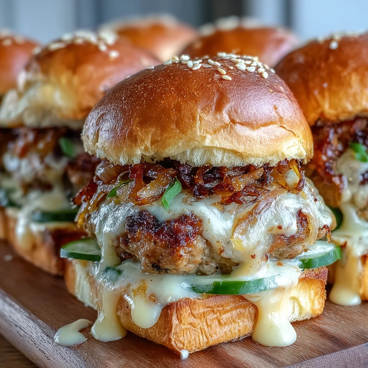 Golden brown Touchdown Brat Sliders on a platter, topped with beer cheese sauce, caramelized onions, and pickles.