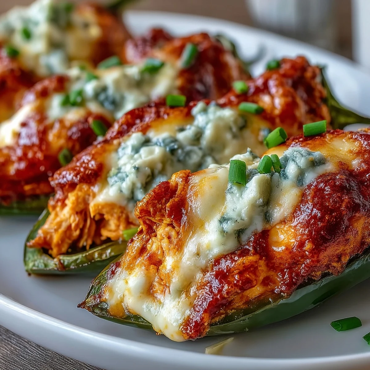 Golden-brown Buffalo Wing Poppers on a rustic platter, featuring tender baked jalapeños overflowing with shredded chicken and blue cheese.