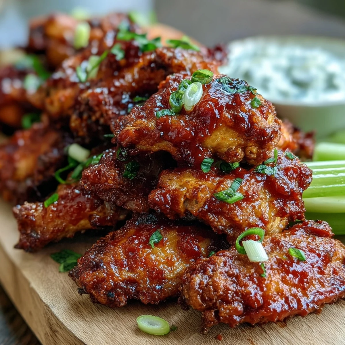 Freshly fried chicken wings glazed in Thai sweet chili sauce, garnished with scallions and served alongside creamy ranch dressing. 