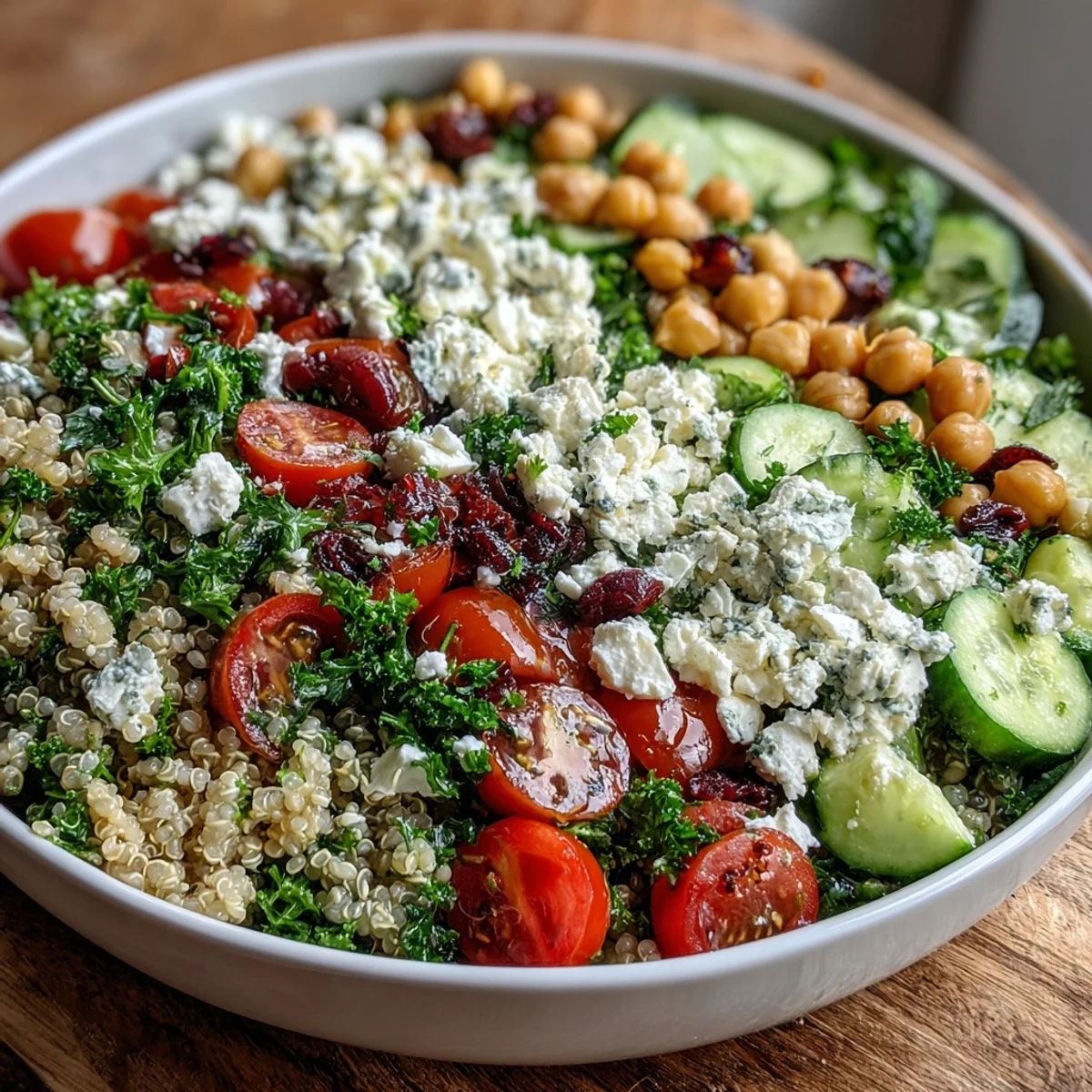 A colorful bowl of High Protein Quinoa & Chickpea Salad with chickpeas, quinoa, and vegetables, garnished with feta and lemon dressing.