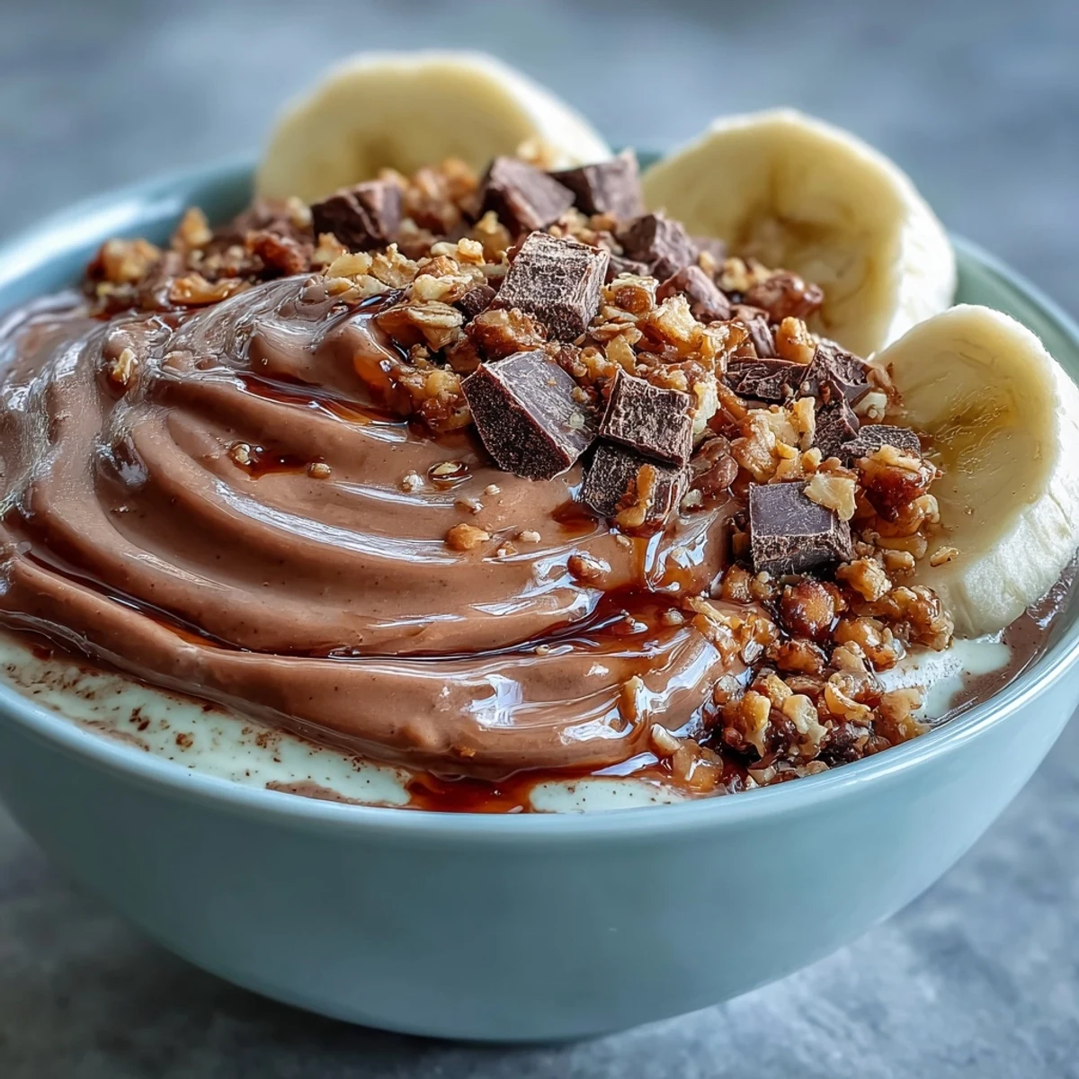 A close-up view of a thick, indulgent chocolate peanut butter smoothie bowl garnished with fresh banana, chocolate chunks, and a granola sprinkle.  