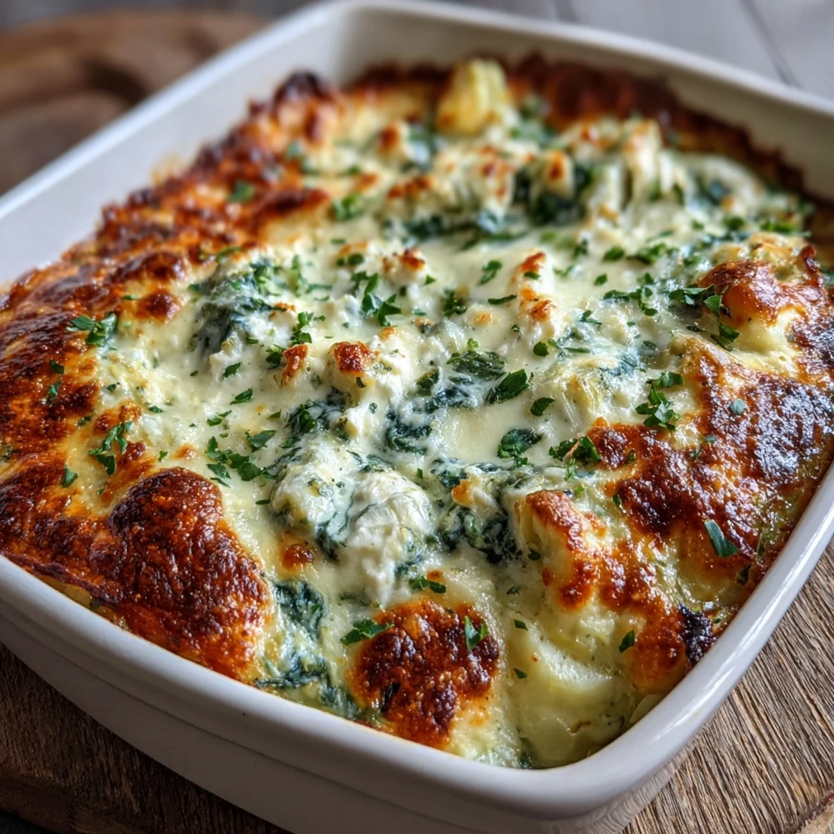 Golden, bubbly top of a High Protein Spinach Artichoke Bake, served in a white dish with a fresh herb garnish.
