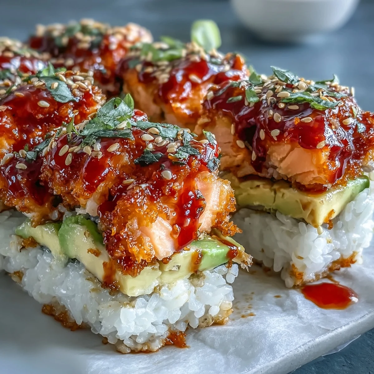 Golden-baked Spicy Salmon Sushi Bake emerges from the oven with bubbling cheese, served with fresh avocado slices and crispy nori.