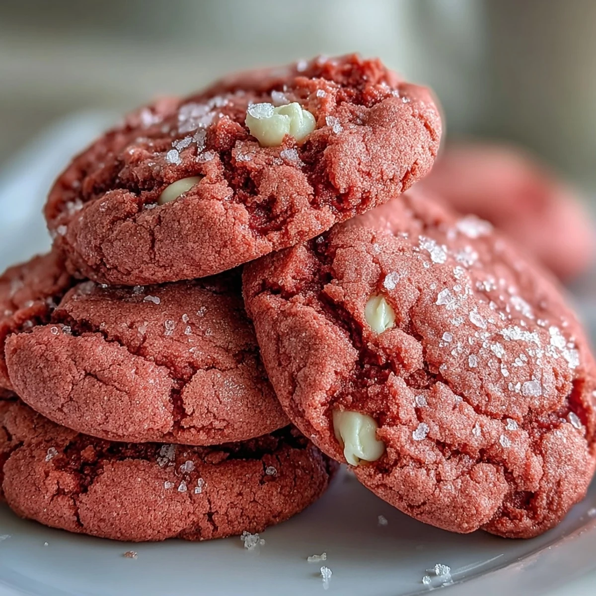Stack of vibrant Pink Velvet Cookies on a dessert plate, ready to be served at a party.