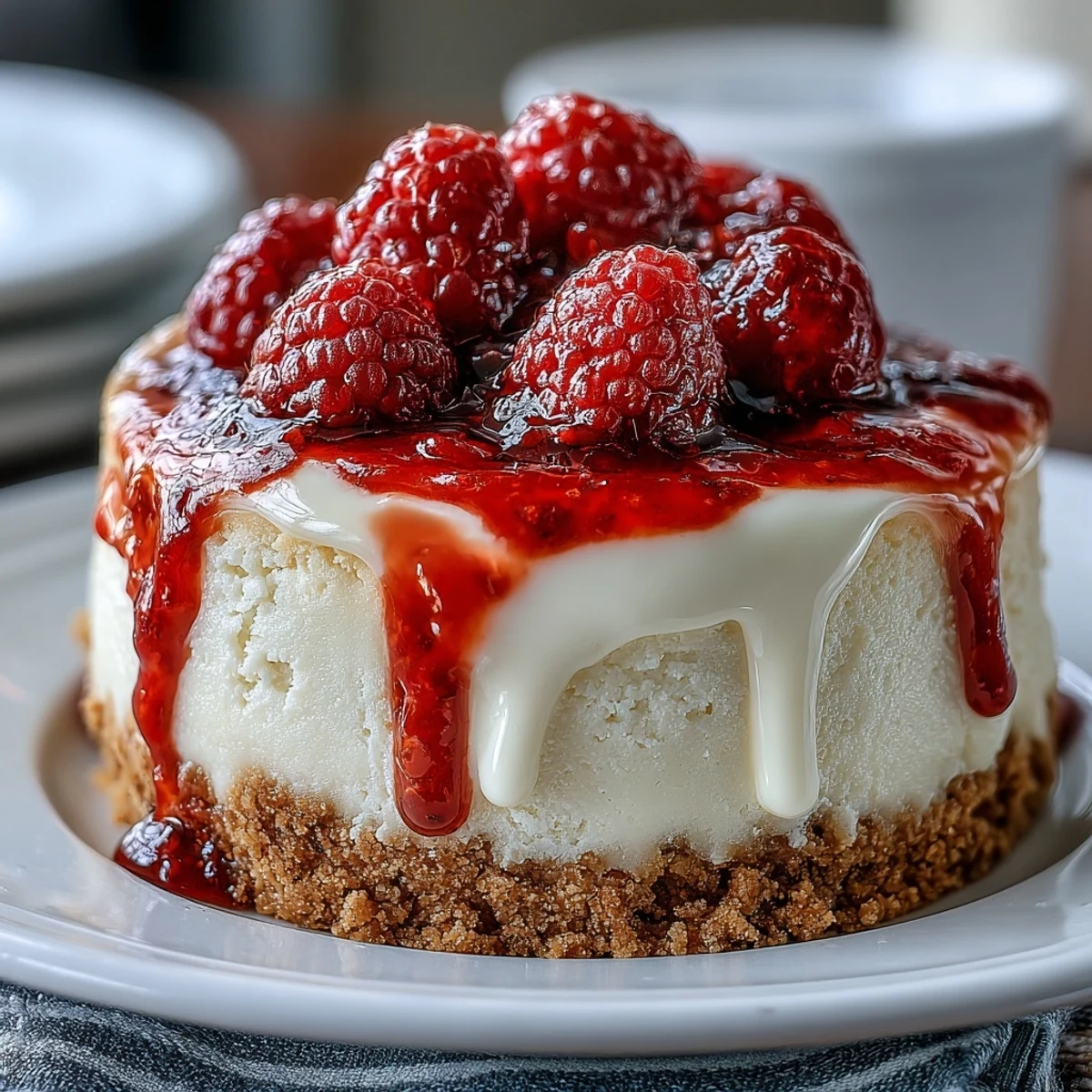 A slice of creamy Indulgent White Chocolate Raspberry Cheesecake Bliss on a dessert plate, swirled with vibrant red raspberry sauce and garnished with fresh berries.  