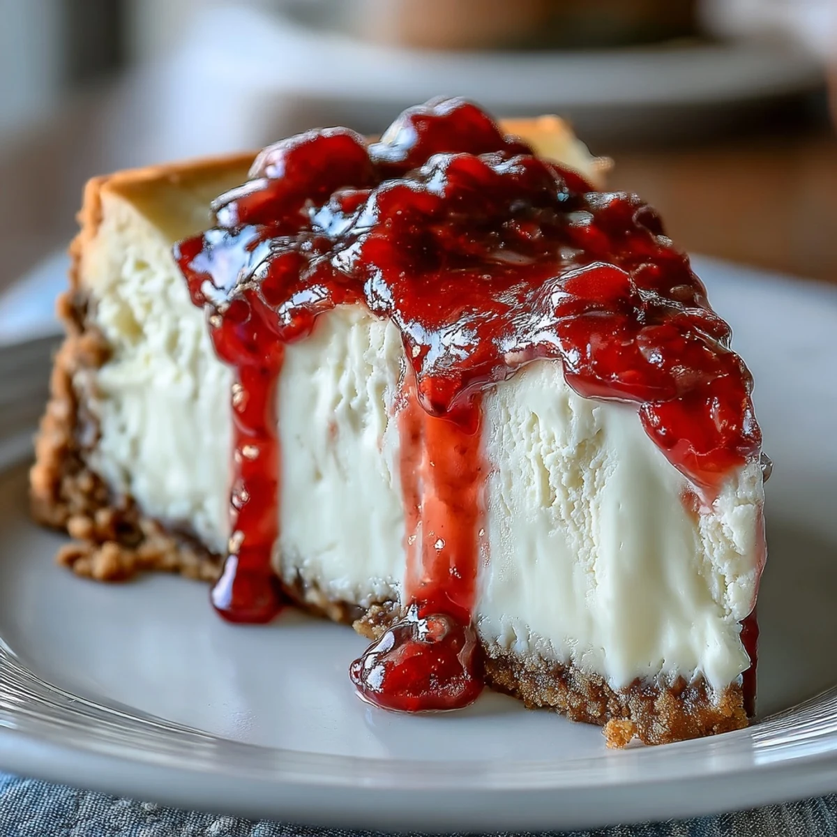 Close-up of Indulgent White Chocolate Raspberry Cheesecake Bliss revealing velvety texture, with tangy raspberry swirls and a crunchy graham cracker base.