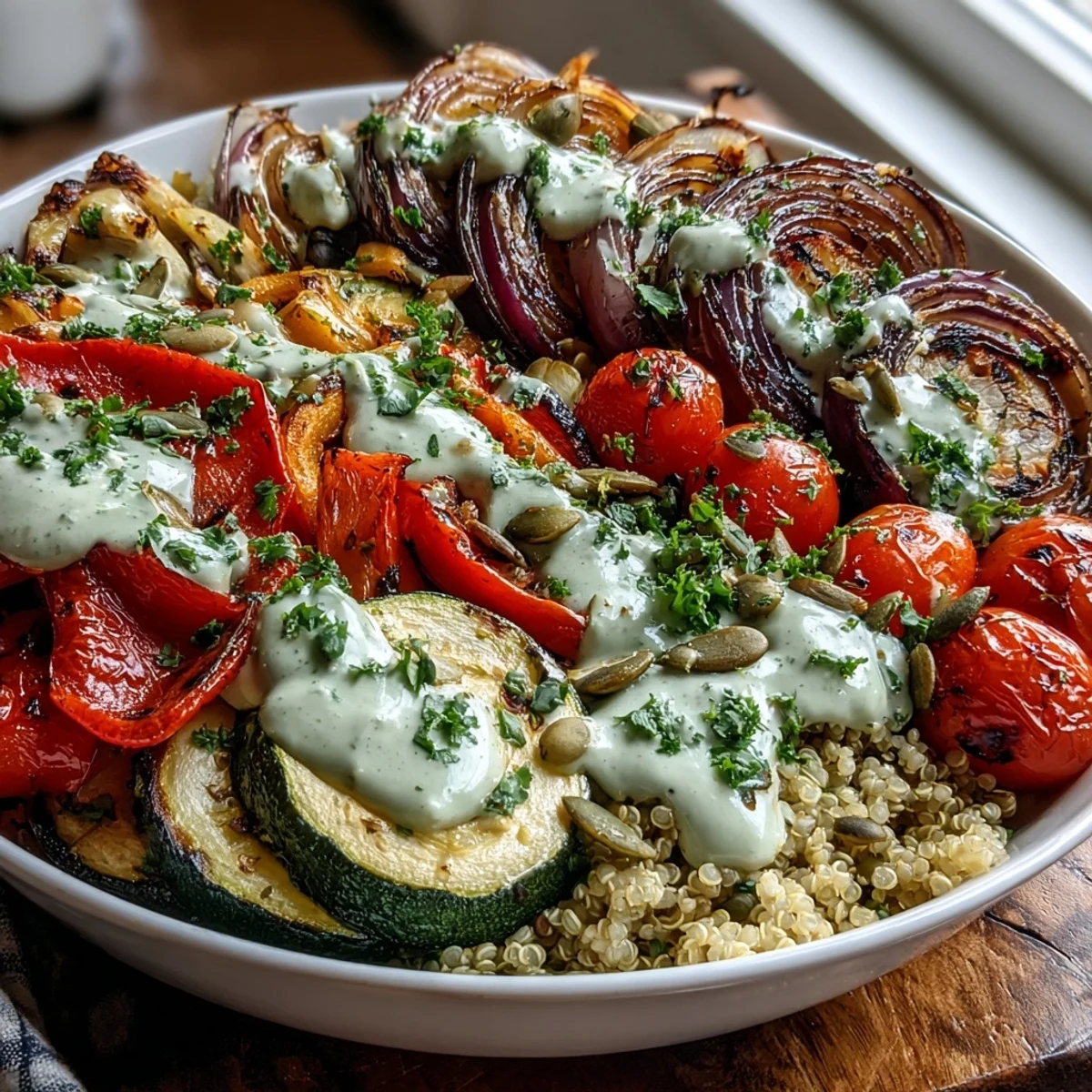 A finished Roasted Vegetable Quinoa Bowl with fluffy quinoa, roasted vegetables, and a drizzle of creamy tahini sauce.