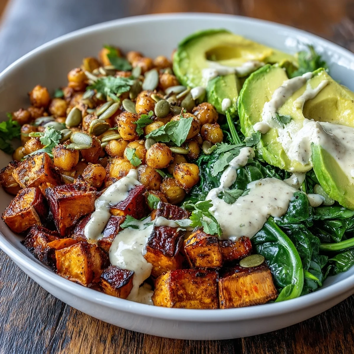 Warm roasted sweet potato and chickpea bowl with sautéed spinach and garlicky aroma