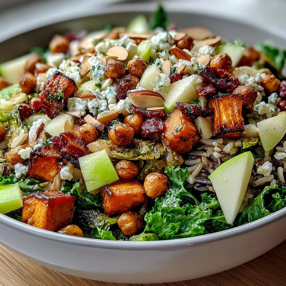 Golden roasted sweet potatoes and crispy chickpeas on a bed of kale and wild rice, topped with feta and apples in a Fall Harvest Bowl.
