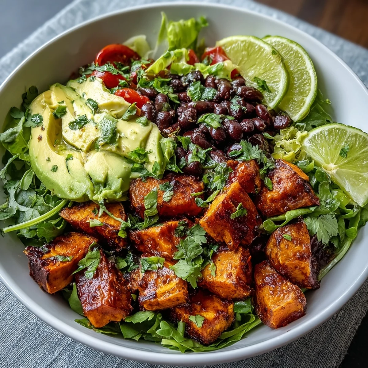 Sweet Potato and Black Bean Bowl garnished with cilantro and lime wedges on a rustic table.
