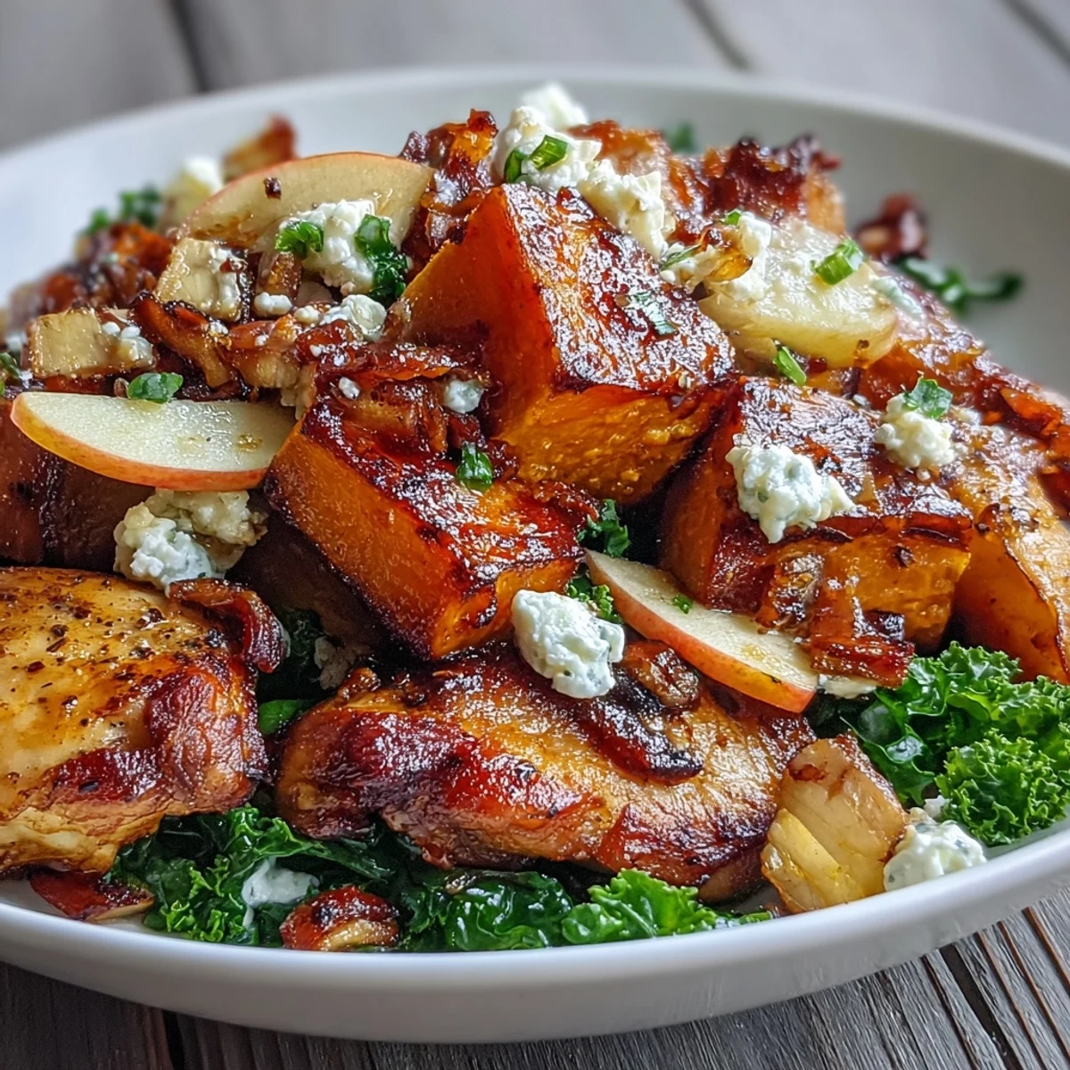 Fall Sweet Potato Harvest Bowl served as a gluten-free main dish with sliced chicken, toasted almonds, and fresh kale in a bowl.