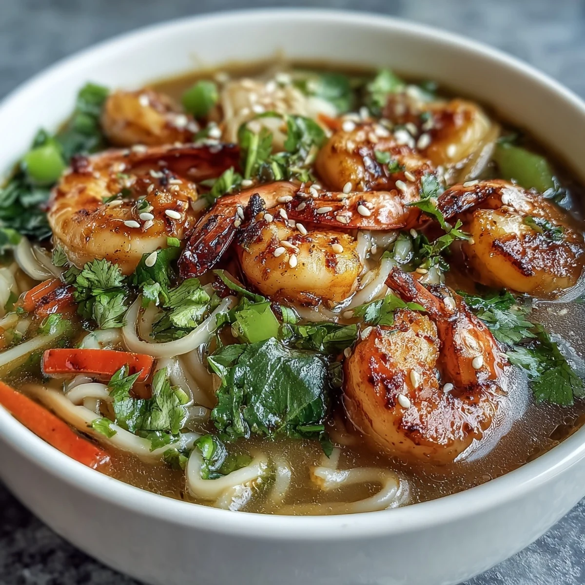 Serving suggestion for Asian Noodle Bowl with Shrimp and Scallops: a bright, colorful meal with bok choy and cilantro.