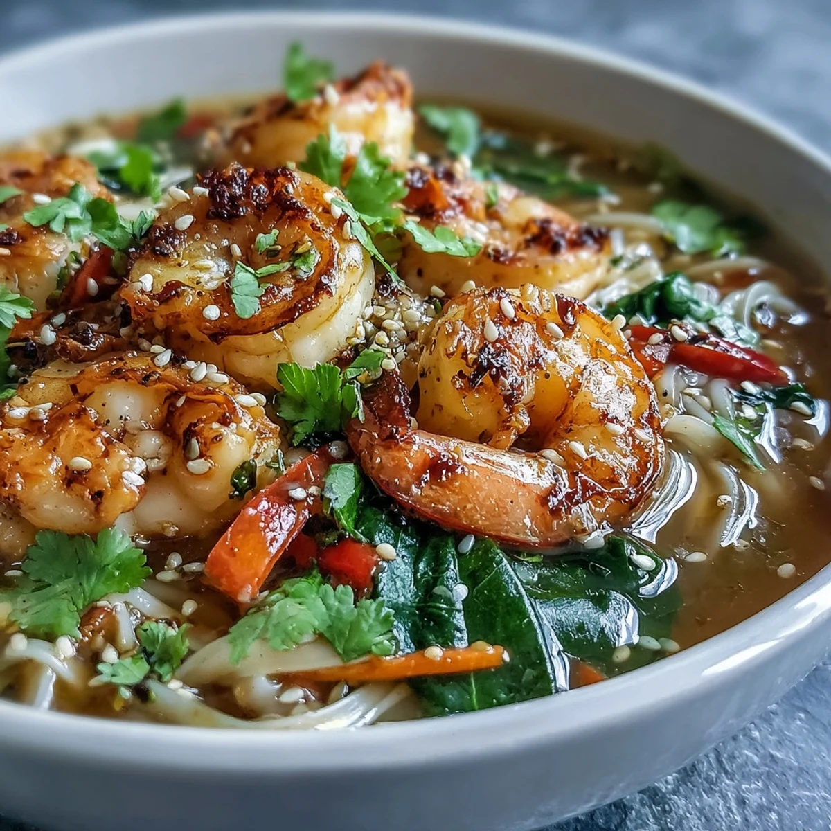 Tender shrimp and scallops rest on rice noodles in a savory broth, garnished with green onions and sesame seeds.