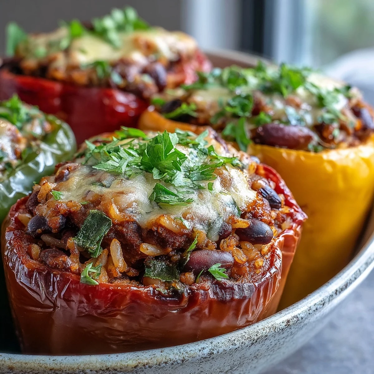 Golden-brown Black-Eyed Pea Stuffed Peppers topped with melted cheese and fresh parsley, served hot from the oven.