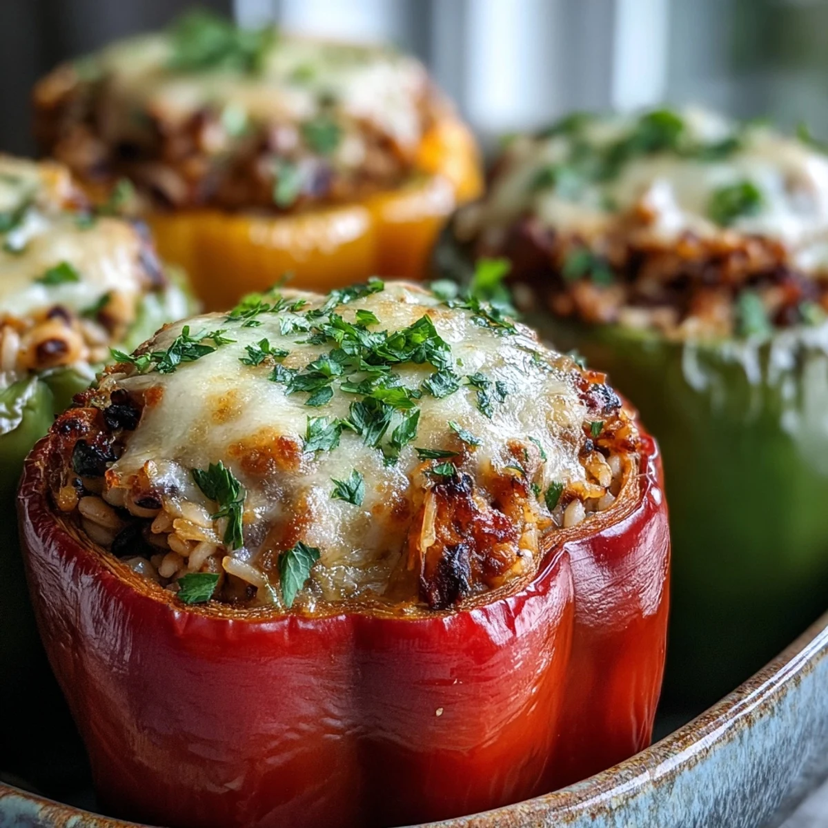 Colorful baked Black-Eyed Pea Stuffed Peppers in a white dish with a side salad for a wholesome vegetarian meal.