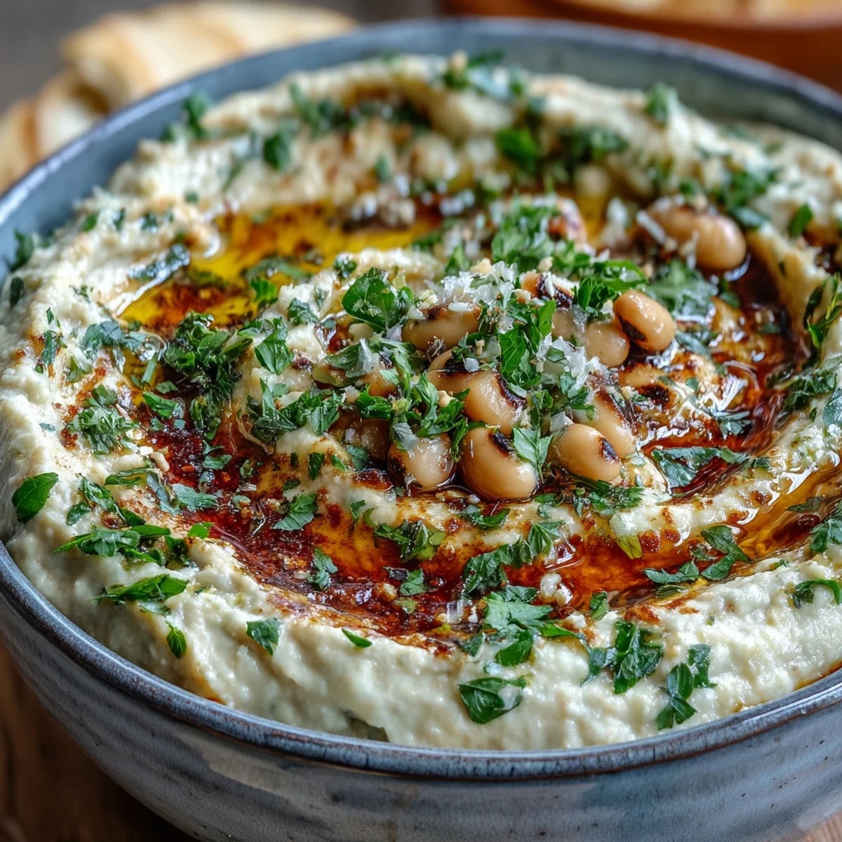 Golden Smashed Black-Eyed Peas mash with olive oil drizzle, served warm in a rustic bowl alongside crunchy pita chips.