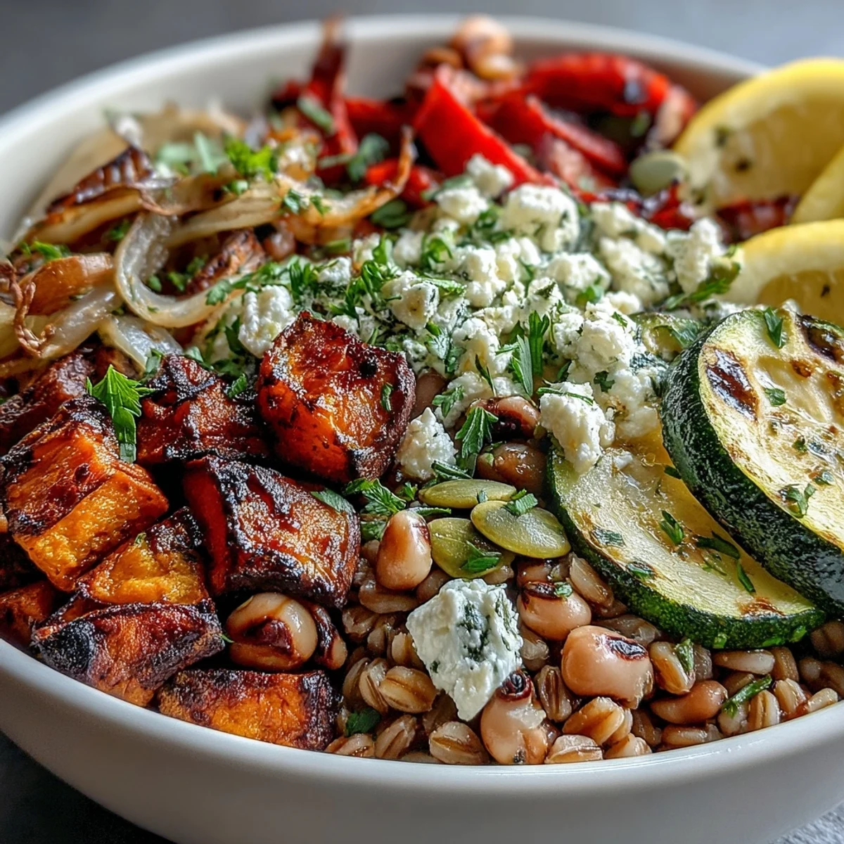 Warm Black-Eyed Pea Grain Bowl with roasted sweet potatoes and bell peppers on a rustic table.