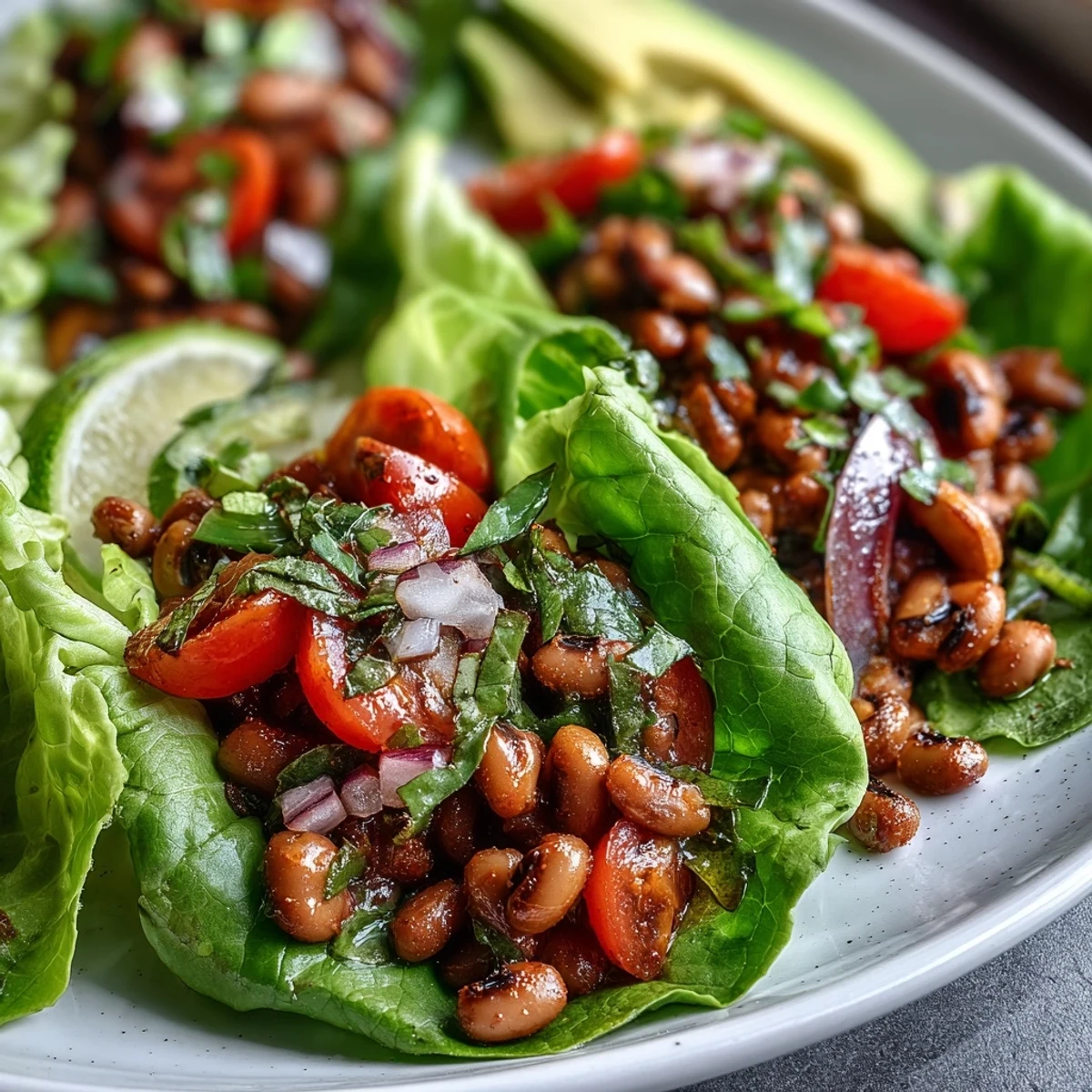 A top-down view of vibrant Black-Eyed Pea Lettuce Wraps featuring red onion, shredded carrots, and a dash of hot sauce.