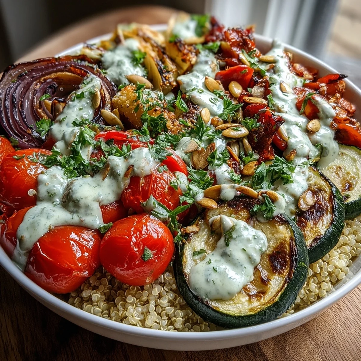 Golden roasted zucchini, bell peppers, and cherry tomatoes sit atop fluffy quinoa in a vibrant Roasted Vegetable Quinoa Bowl.