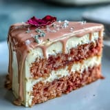 Shimmering gold drip cascades elegantly down this rosy velvet cake.
