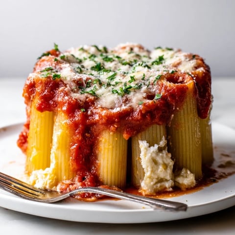 A hearty Honeycomb Pasta Cake topped with melted cheese and fresh parsley.  