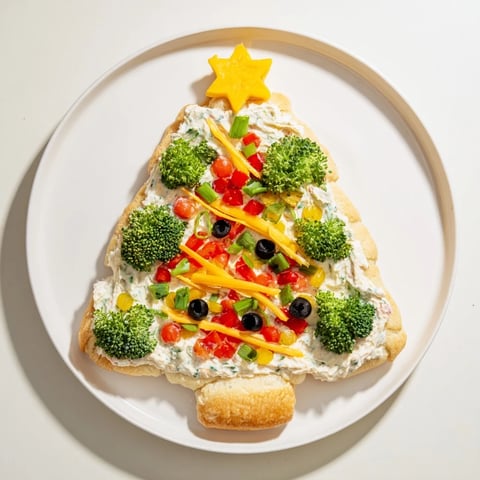 Vibrant Christmas Tree Veggie Pizza, featuring colorful vegetables on a creamy base, ideal for holiday parties.