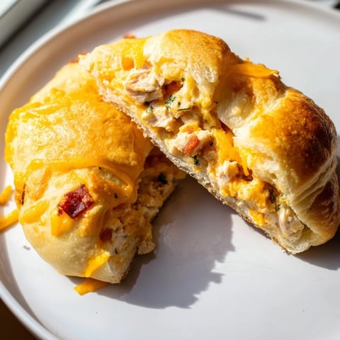 Golden-brown Cheesy Chicken and Bacon Crescent Rolls, filled with melted cheese and crispy bacon, ready to serve.