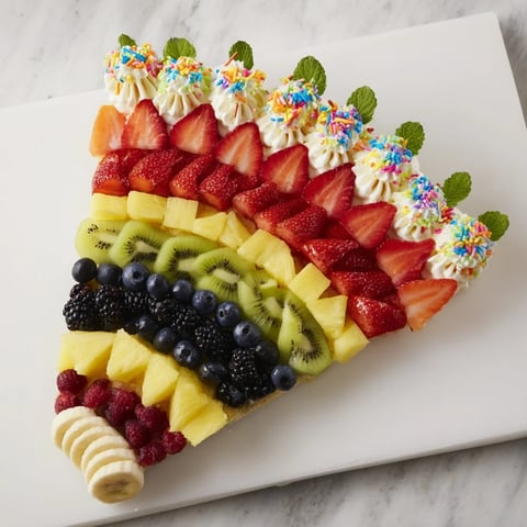 Vibrant Happy Birthday Cake Slice Fruit Board with a rainbow of fresh, juicy fruit and sprinkles.