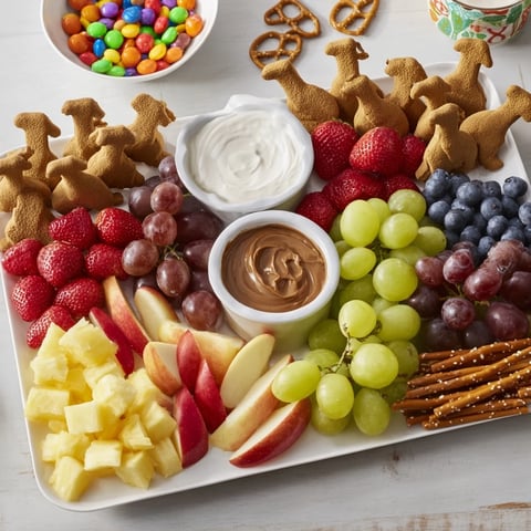Animal Cracker Safari Board: a colorful, fun snack platter with fresh fruits and creamy dips.