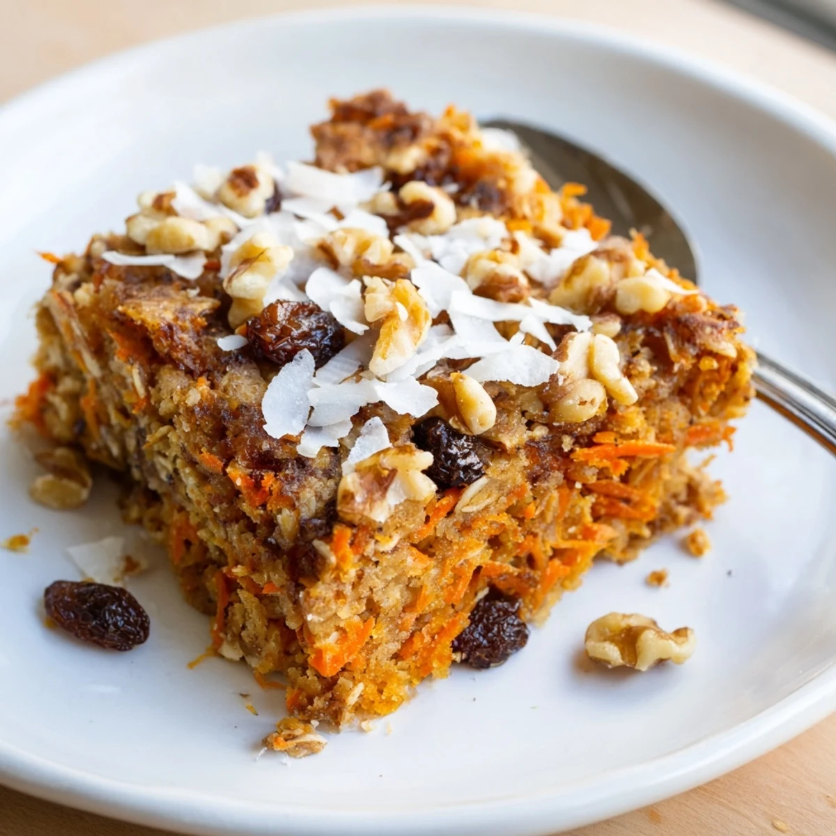 Golden-brown Carrot Cake Baked Oatmeal squares studded with walnuts and raisins, ready to slice.  