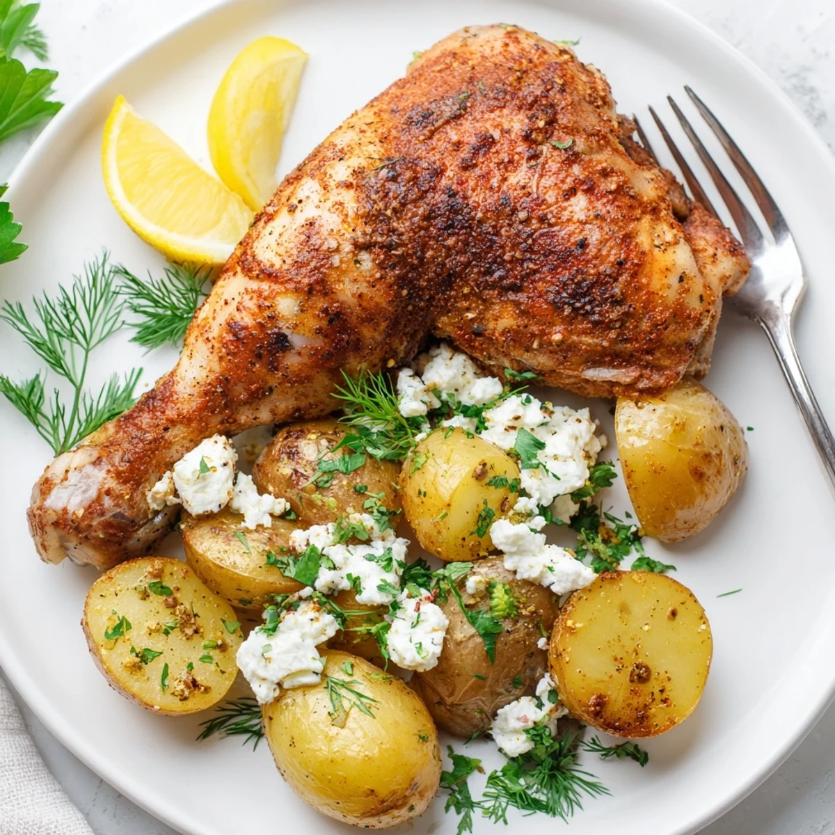 Roasted Chicken with Pot Potatoes, Lemon Herbs, and Feta rests beside creamy feta and fresh dill on a rustic platter.  