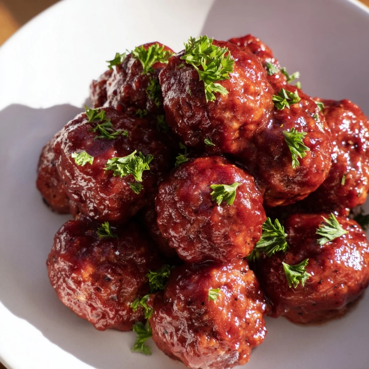 A slow cooker filled with bubbling, glistening cherry BBQ meatballs, ready to serve and enjoy.