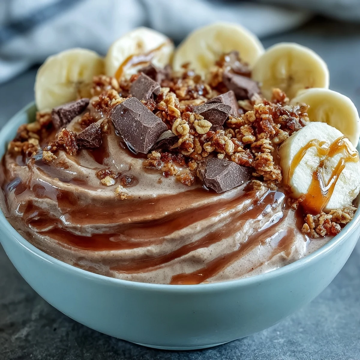 Creamy chocolate peanut butter smoothie bowl topped with banana slices, chopped dark chocolate, and crunchy granola for a satisfying breakfast.  