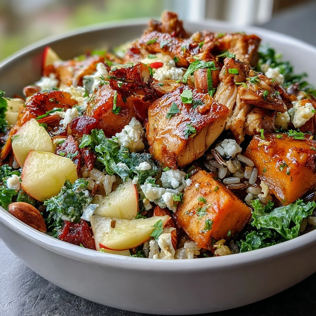 Harvest Bowl with tender roasted chicken, crisp apples, and creamy goat cheese, drizzled with tangy balsamic dressing.