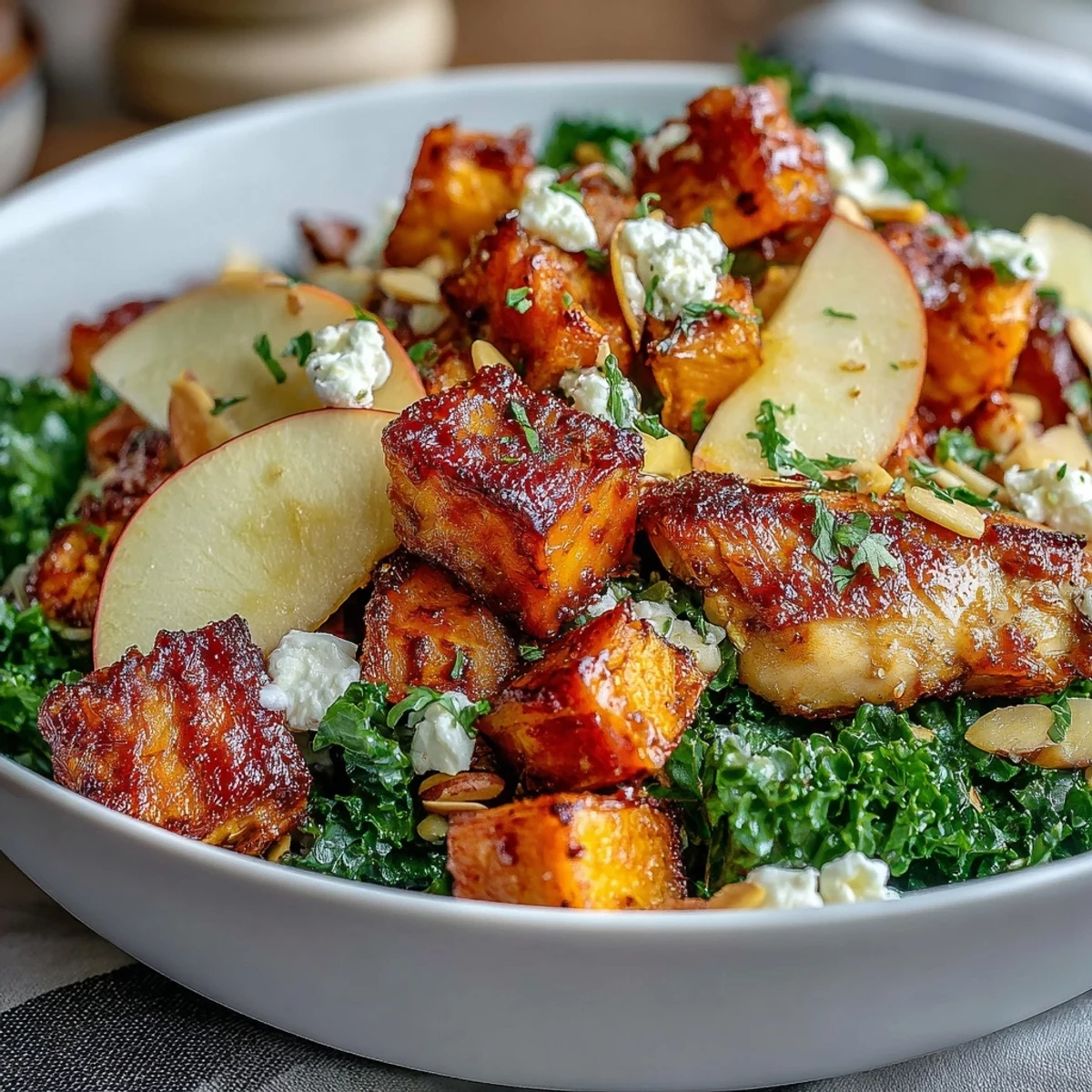 Freshly roasted chicken and caramelized sweet potatoes top a vibrant Fall Sweet Potato Harvest Bowl with kale and crisp apple slices.